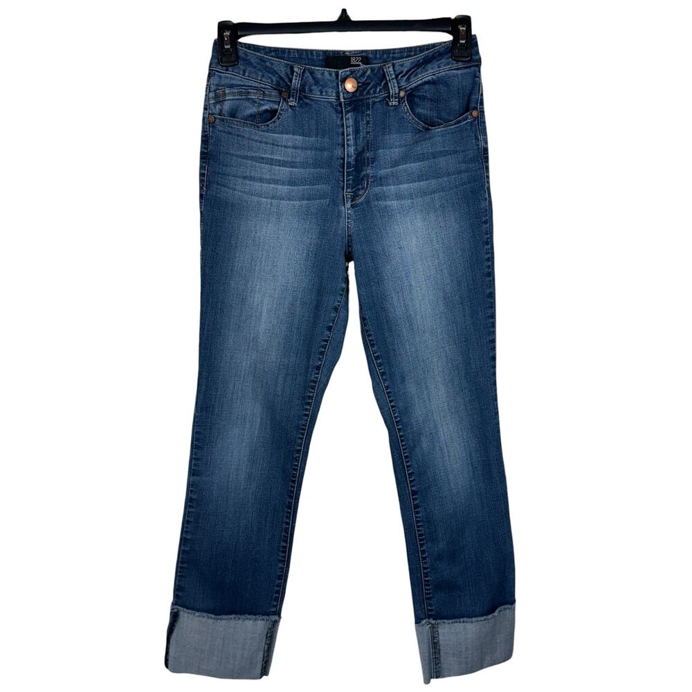 1822 Denim SZ 8 Ankle Jeans Cuffed Stretch Hi-Rise Zip-Fly Pocket Whiskered Blue